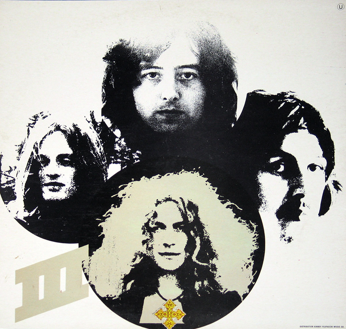 The back cover of Led Zeppelin III features a stark black-and-white collage of the four band members’ faces inside overlapping circular frames. Jimmy Page's intense gaze dominates the top, with Robert Plant’s wild curls below, and John Paul Jones and John Bonham flanking the sides. A stylized 'III' logo appears in the bottom left.